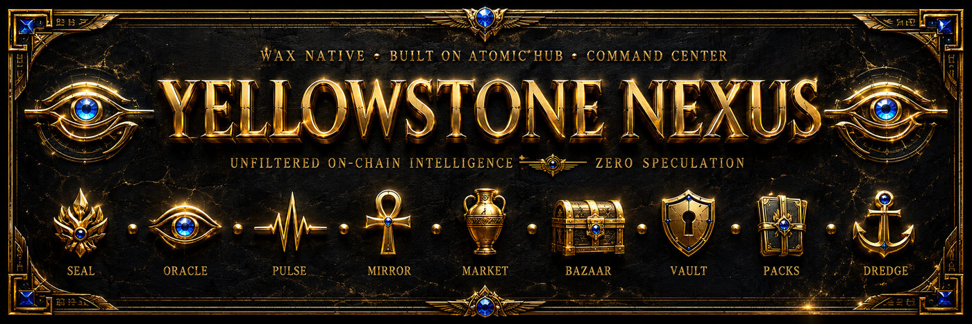 YellowStone Nexus: WAX native forensic and utility command centre. Unfiltered on-chain intelligence, zero speculation. Tabs: The Seal, Oracle, Pulse, Mirror, Market, Bazaar, Vault, Packs, Dredge.